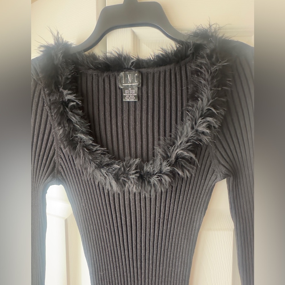INC International Concepts Black Ribbed Top with Feather Detail - Picture 4 of 5